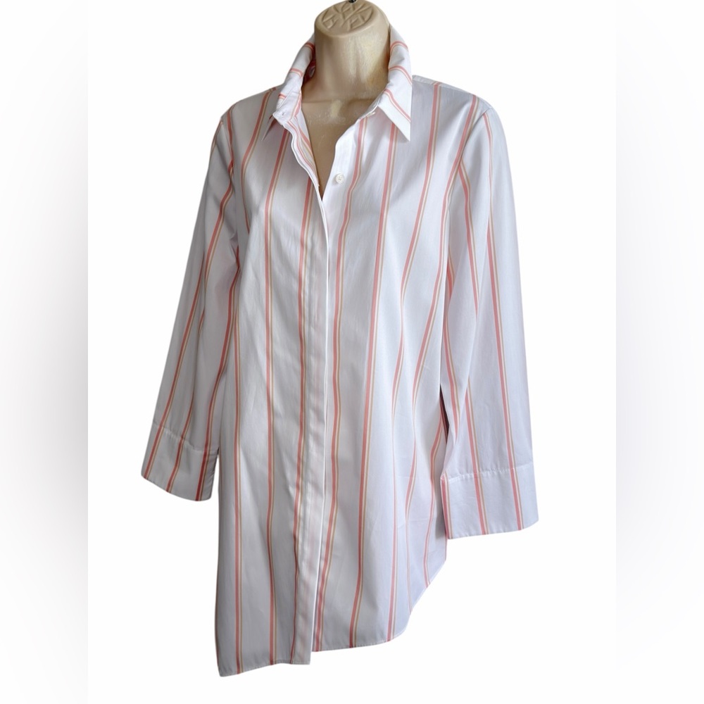 Lafayette 148 White Peach Striped Button Up Shirt Asymmetrical Hem Size M - Picture 5 of 16